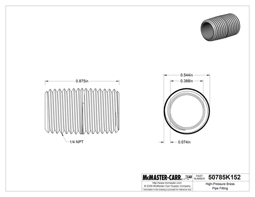 Technical drawing of High-Pressure Brass Pipe Fitting, Fully Threaded Nipple, 1/4 Pipe Size.
